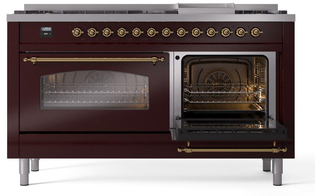 Ilve UP60FNMPBUGLP Nostalgie Ii 60 Inch Dual Fuel Liquid Propane Freestanding Range In Burgundy With Brass Trim