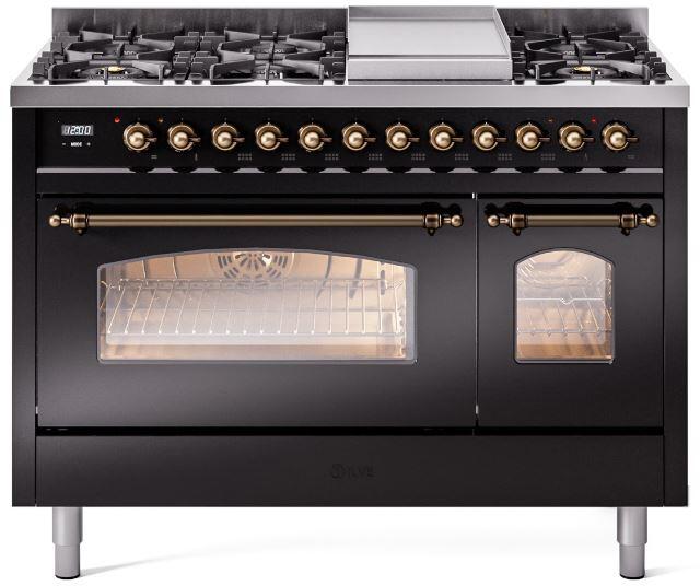 Ilve UP48FNMPBKB Nostalgie Ii 48 Inch Dual Fuel Natural Gas Freestanding Range In Glossy Black With Bronze Trim