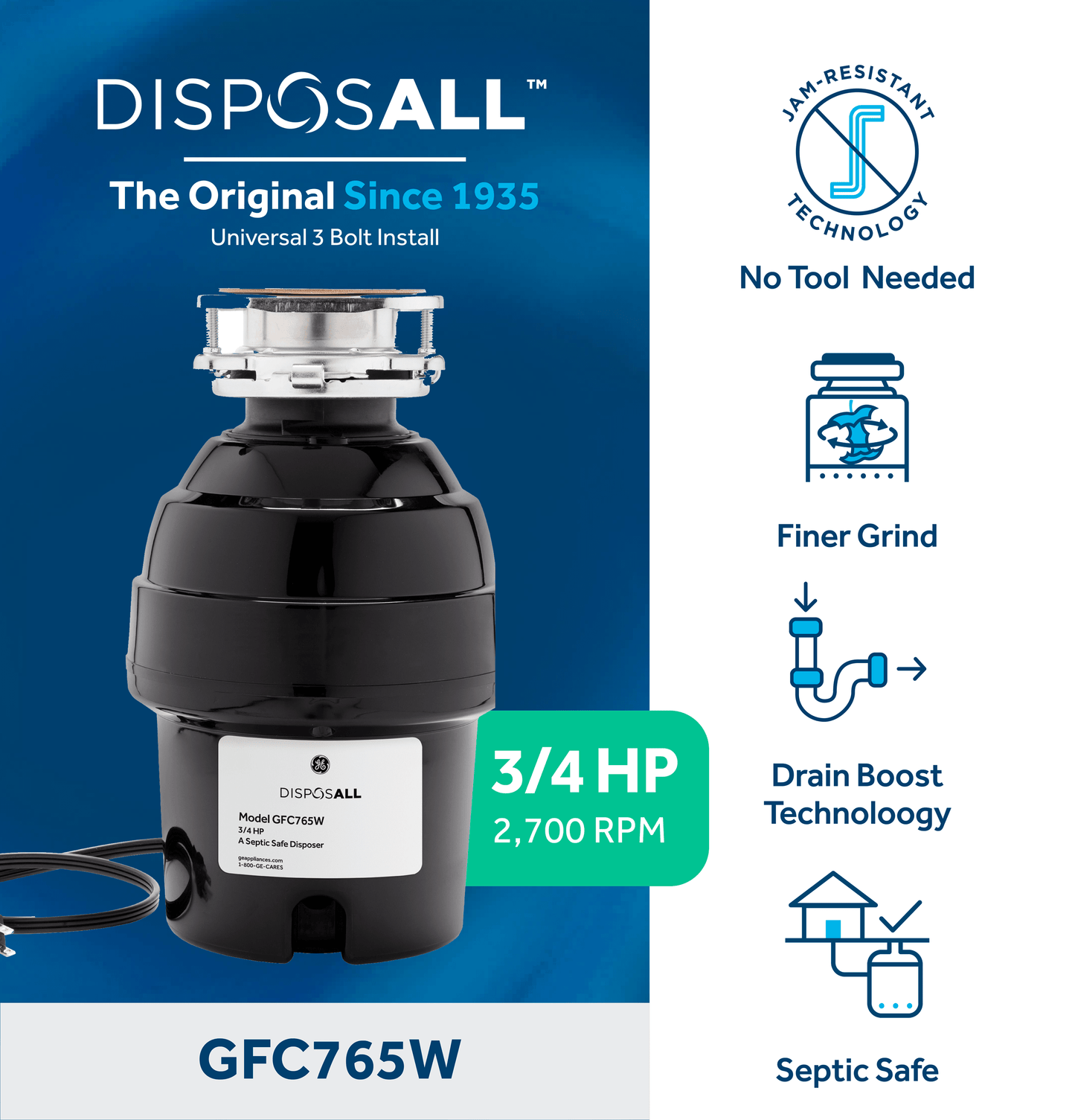 Ge Appliances GFC765W Ge Disposall® 3/4 Hp Continuous Feed Garbage Disposer - Corded