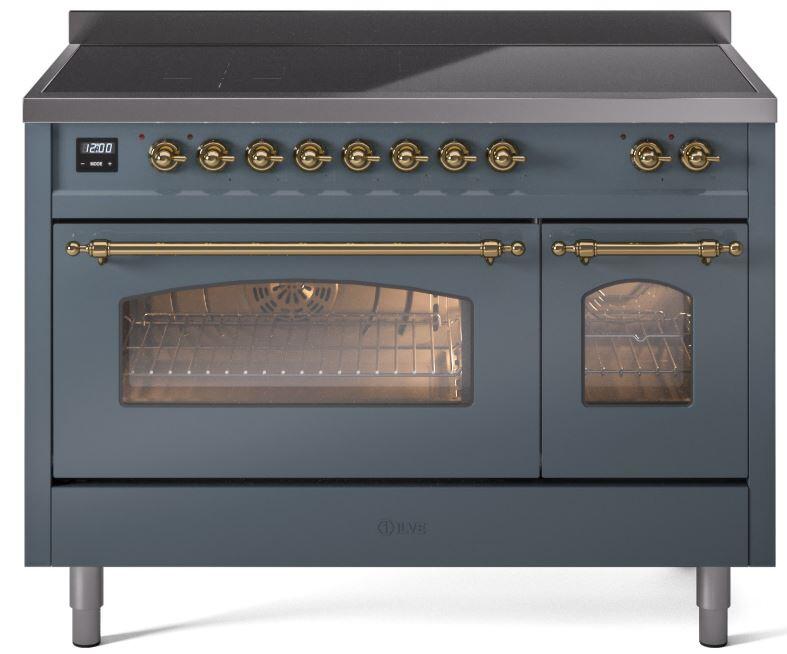 Ilve UPI486NMPBGG Nostalgie Ii 48 Inch Electric Freestanding Range In Blue Grey With Brass Trim