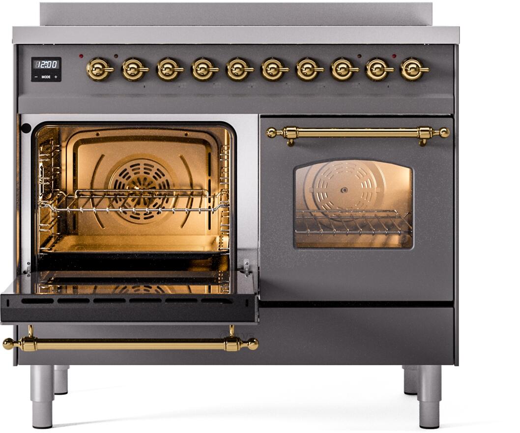 Ilve UPDI406NMPMGG Nostalgie Ii 40 Inch Electric Freestanding Range In Matte Graphite With Brass Trim