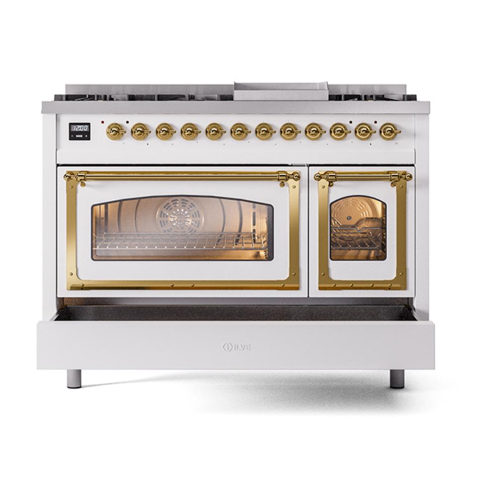 Ilve UN48FNMPWHG Ilve Un48Fnmpwhg Nostalgie Ii Noblesse 48" Dual Fuel Range (8 Sealed Burners + Griddle, Natural Gas, Triple Glass Door, White, Brass)