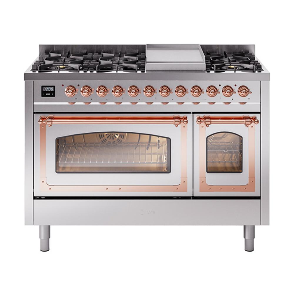 Ilve UN48FNMPSSPLP Ilve Un48Fnmpssplp Nostalgie Ii Noblesse 48" Dual Fuel Range (8 Sealed Burners + Griddle, Liquid Propane, Triple Glass Door, Stainless Steel, Copper)