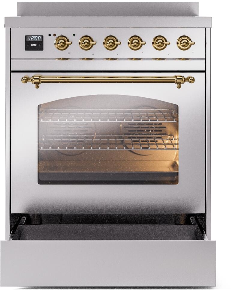 Ilve UPI304NMPSSG Nostalgie Ii 30 Inch Electric Freestanding Range In Stainless Steel With Brass Trim