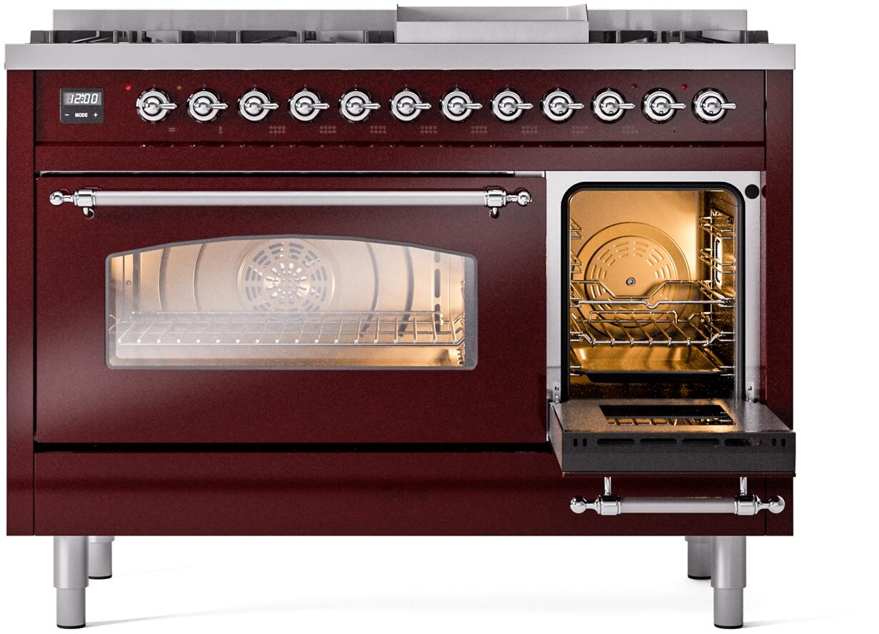 Ilve UP48FNMPBUCLP Nostalgie Ii 48 Inch Dual Fuel Liquid Propane Freestanding Range In Burgundy With Chrome Trim