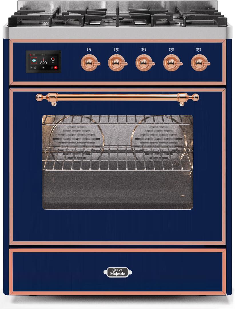 Ilve UM30DNE3MBPLP Majestic Ii 30 Inch Dual Fuel Liquid Propane Freestanding Range In Blue With Copper Trim