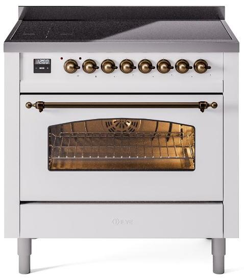 Ilve UPI366NMPWHB Nostalgie Ii 36 Inch Electric Freestanding Range In White With Bronze Trim