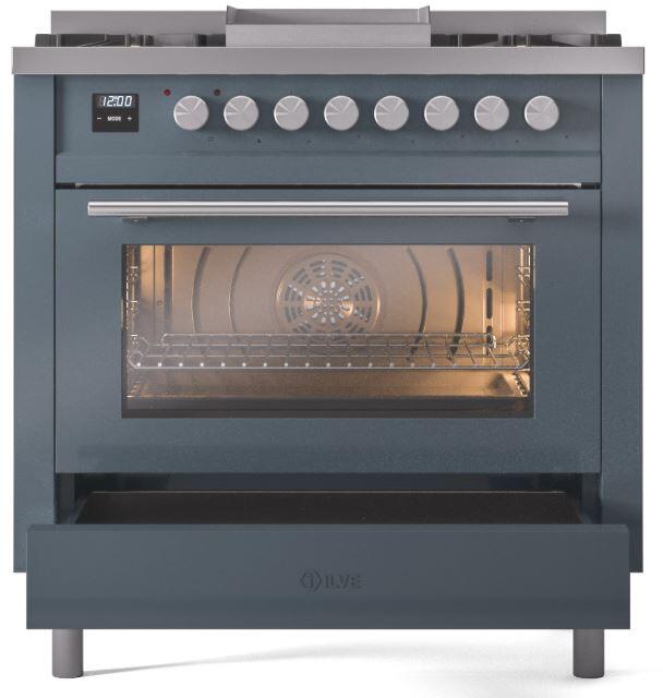 Ilve UP36FWMPBG Professional Plus Ii 36 Inch Dual Fuel Natural Gas Freestanding Range In Blue Grey With Trim