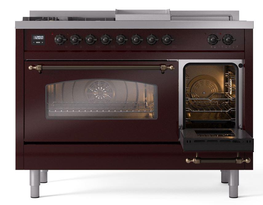 Ilve UP48FSNMPBUBLP Nostalgie Ii 48 Inch Dual Fuel Liquid Propane Freestanding Range In Burgundy With Bronze Trim