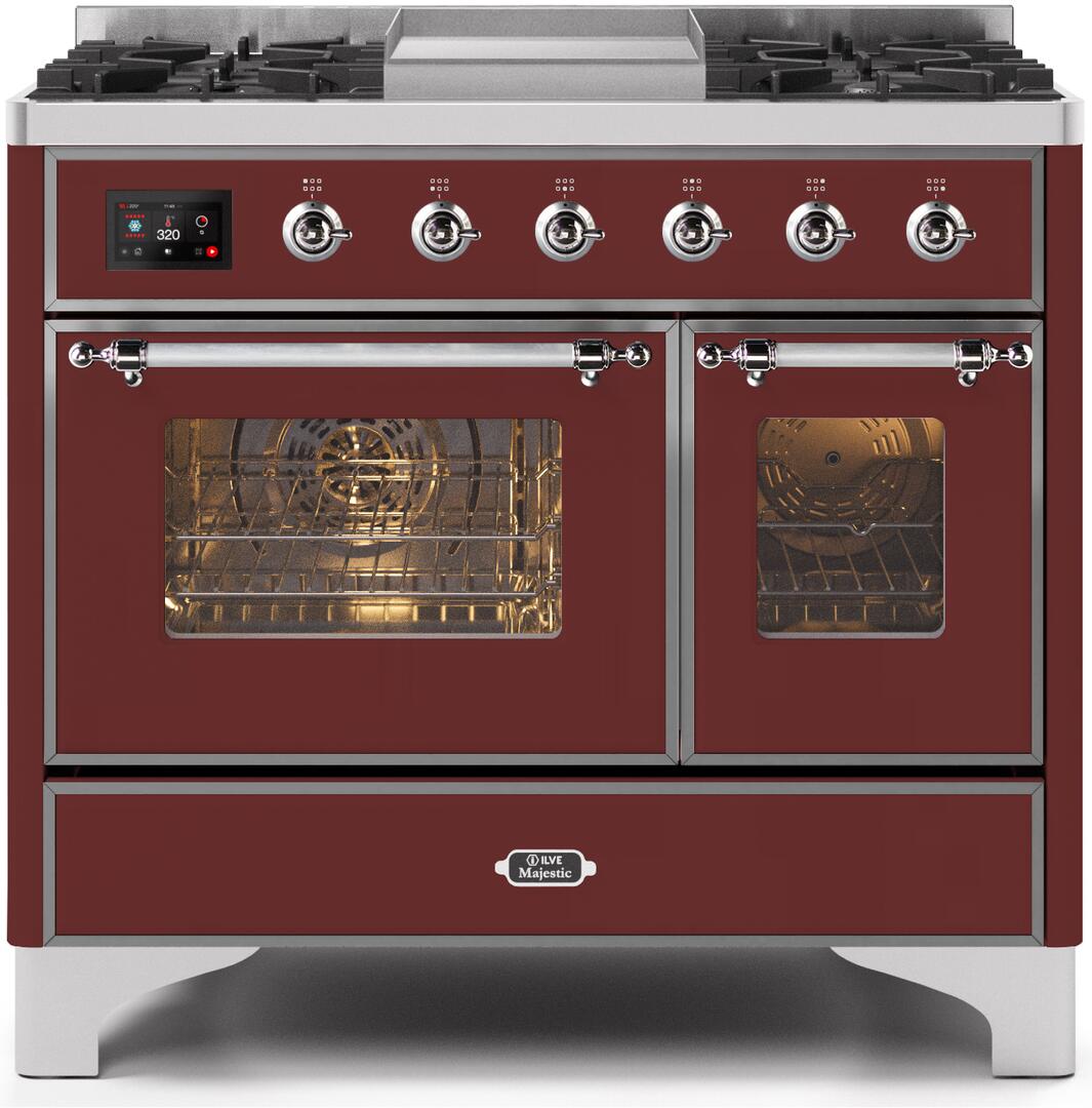 Ilve UMD10FDNS3BUC Majestic Ii 40 Inch Dual Fuel Natural Gas Freestanding Range In Burgundy With Chrome Trim