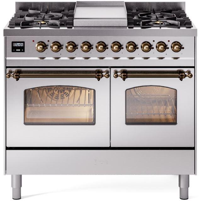 Ilve UPD40FNMPSSB Nostalgie Ii 40 Inch Dual Fuel Natural Gas Freestanding Range In Stainless Steel With Bronze Trim