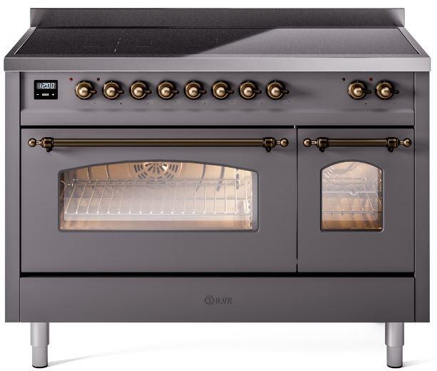 Ilve UPI486NMPMGB Nostalgie Ii 48 Inch Electric Freestanding Range In Matte Graphite With Bronze Trim