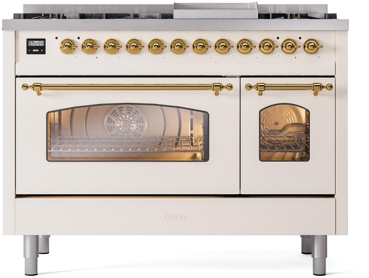 Ilve UP48FNMPAWG Nostalgie Ii 48 Inch Dual Fuel Natural Gas Freestanding Range In Antique White With Brass Trim