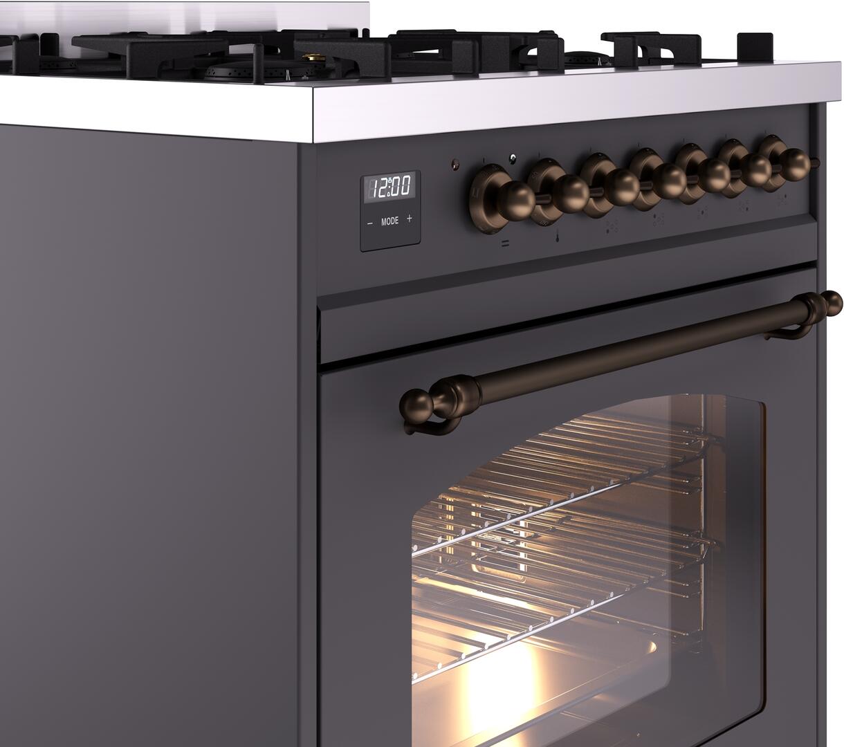 Ilve UP30NMPMGB Nostalgie Ii 30 Inch Dual Fuel Natural Gas Freestanding Range In Matte Graphite With Bronze Trim