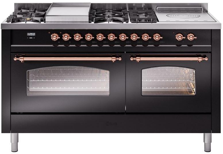 Ilve UP60FSNMPBKP Nostalgie Ii 60 Inch Dual Fuel Natural Gas Freestanding Range In Glossy Black With Copper Trim