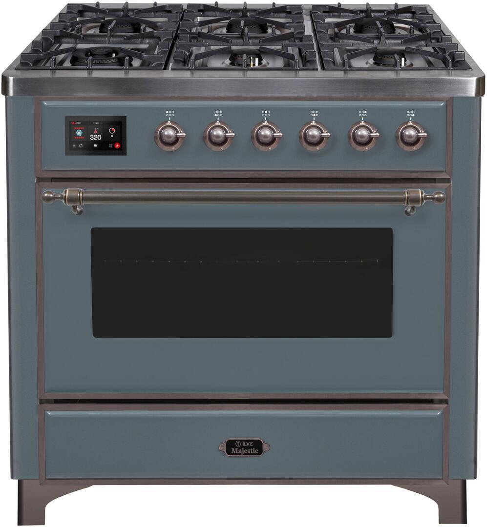 Ilve UM09FDNS3BGBLP Majestic Ii 36 Inch Dual Fuel Liquid Propane Freestanding Range In Blue Grey With Bronze Trim