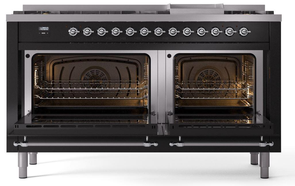 Ilve UP60FNMPBKC Nostalgie Ii 60 Inch Dual Fuel Natural Gas Freestanding Range In Glossy Black With Chrome Trim