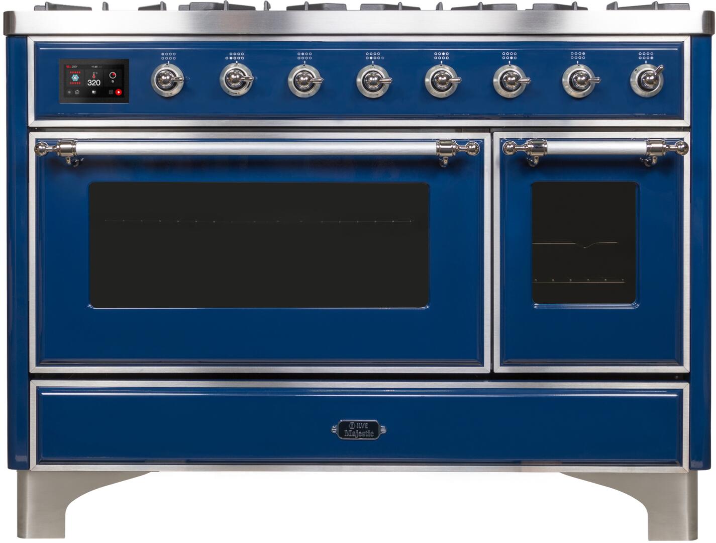 Ilve UM12FDNS3MBCLP Majestic Ii 48 Inch Dual Fuel Liquid Propane Freestanding Range In Blue With Chrome Trim