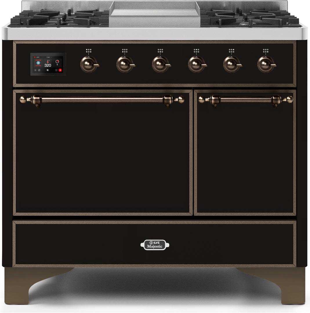 Ilve UMD10FDQNS3BKBLP Majestic Ii 40 Inch Dual Fuel Liquid Propane Freestanding Range In Glossy Black With Bronze Trim