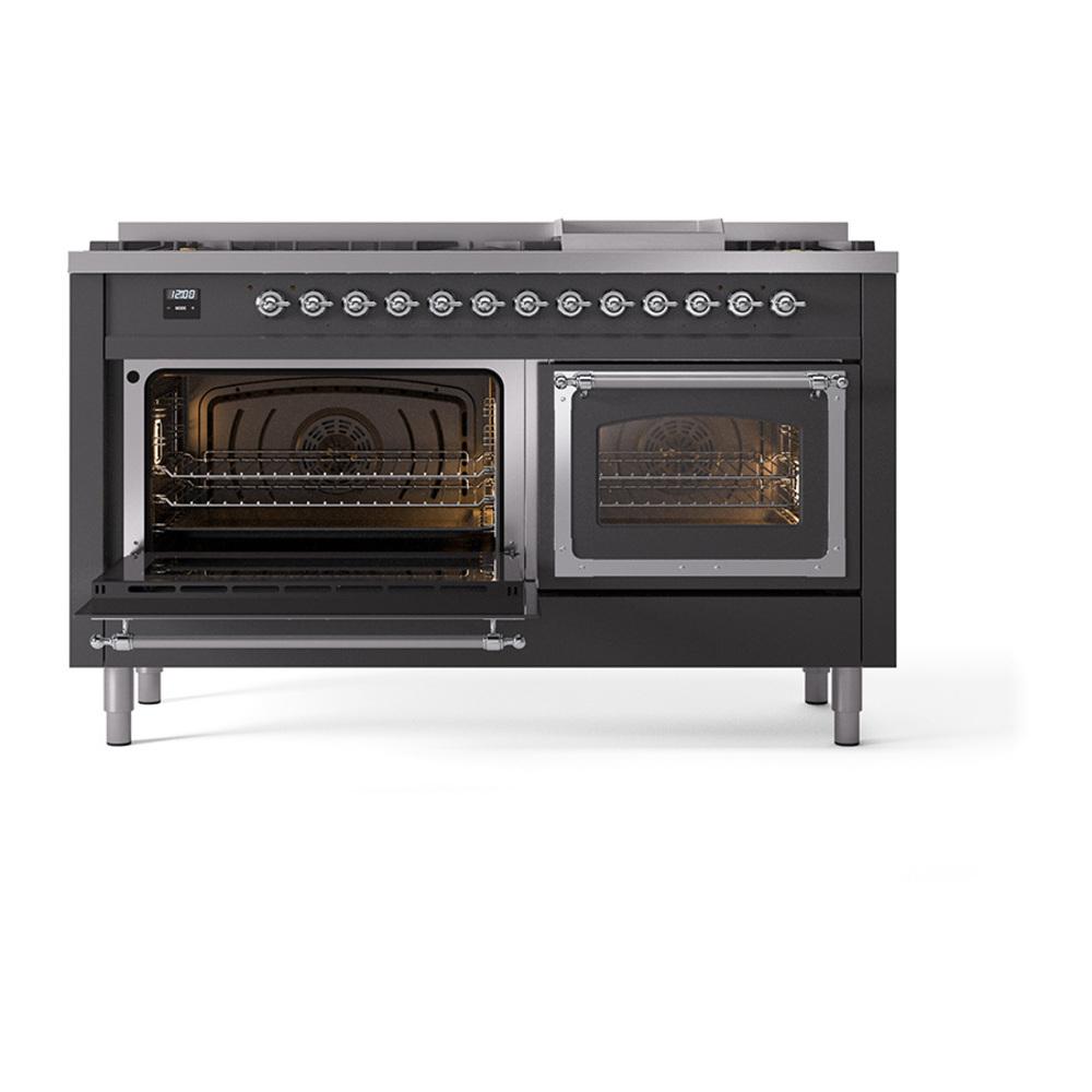 Ilve UN60FNMPMGC Ilve Un60Fnmpmgc Nostalgie Ii Noblesse 60" Dual Fuel Range (9 Sealed Burners + Griddle, Natural Gas, Triple Glass Door, Graphite Matte, Chrome)