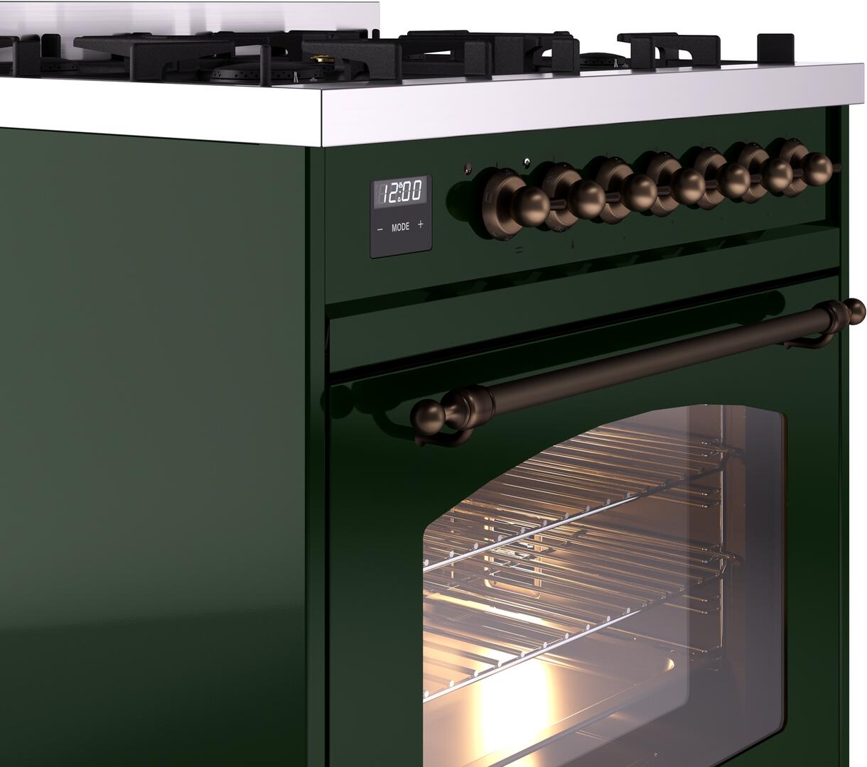 Ilve UP30NMPEGB Nostalgie Ii 30 Inch Dual Fuel Natural Gas Freestanding Range In Emerald Green With Bronze Trim