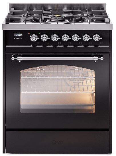 Ilve UP30NMPBKCLP Nostalgie Ii 30 Inch Dual Fuel Liquid Propane Freestanding Range In Glossy Black With Chrome Trim