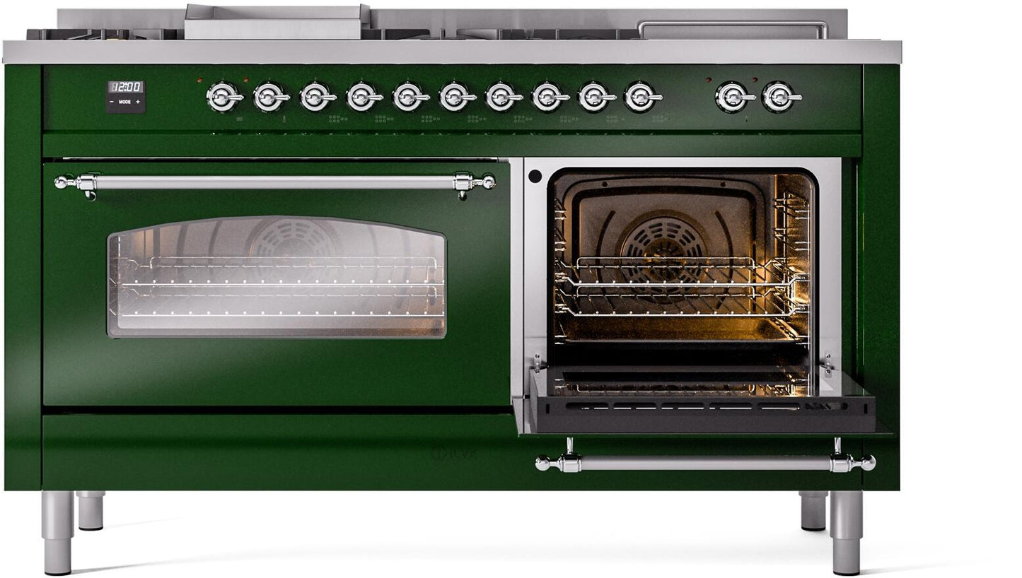 Ilve UP60FSNMPEGCLP Nostalgie Ii 60 Inch Dual Fuel Liquid Propane Freestanding Range In Emerald Green With Chrome Trim