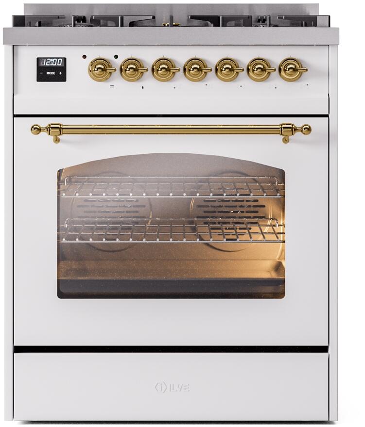 Ilve UP30NMPWHGLP Nostalgie Ii 30 Inch Dual Fuel Liquid Propane Freestanding Range In White With Brass Trim