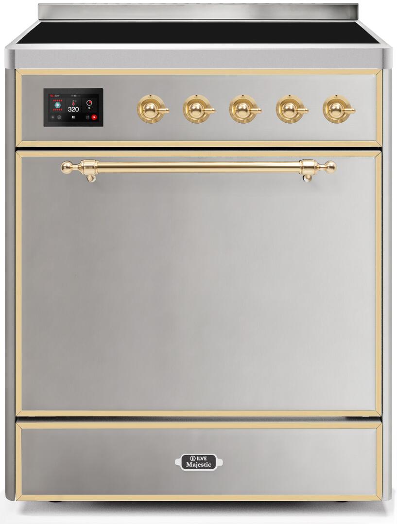 Ilve UMI30QNE3SSG Majestic Ii 30 Inch Electric Freestanding Range In Stainless Steel With Brass Trim