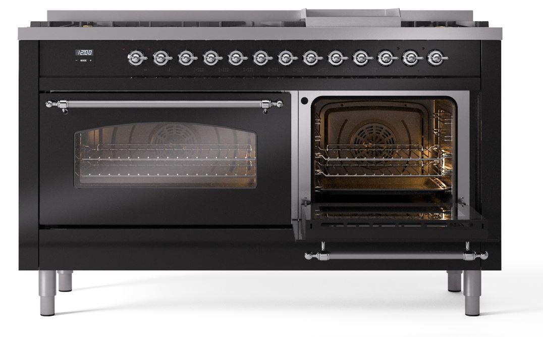 Ilve UP60FNMPBKCLP Nostalgie Ii 60 Inch Dual Fuel Liquid Propane Freestanding Range In Glossy Black With Chrome Trim