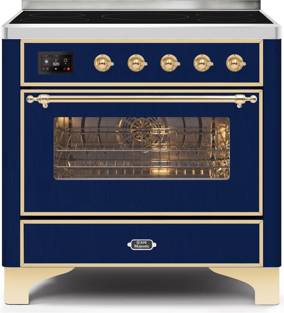 Ilve UMI09NS3MBG Majestic Ii 36 Inch Electric Freestanding Range In Blue With Brass Trim