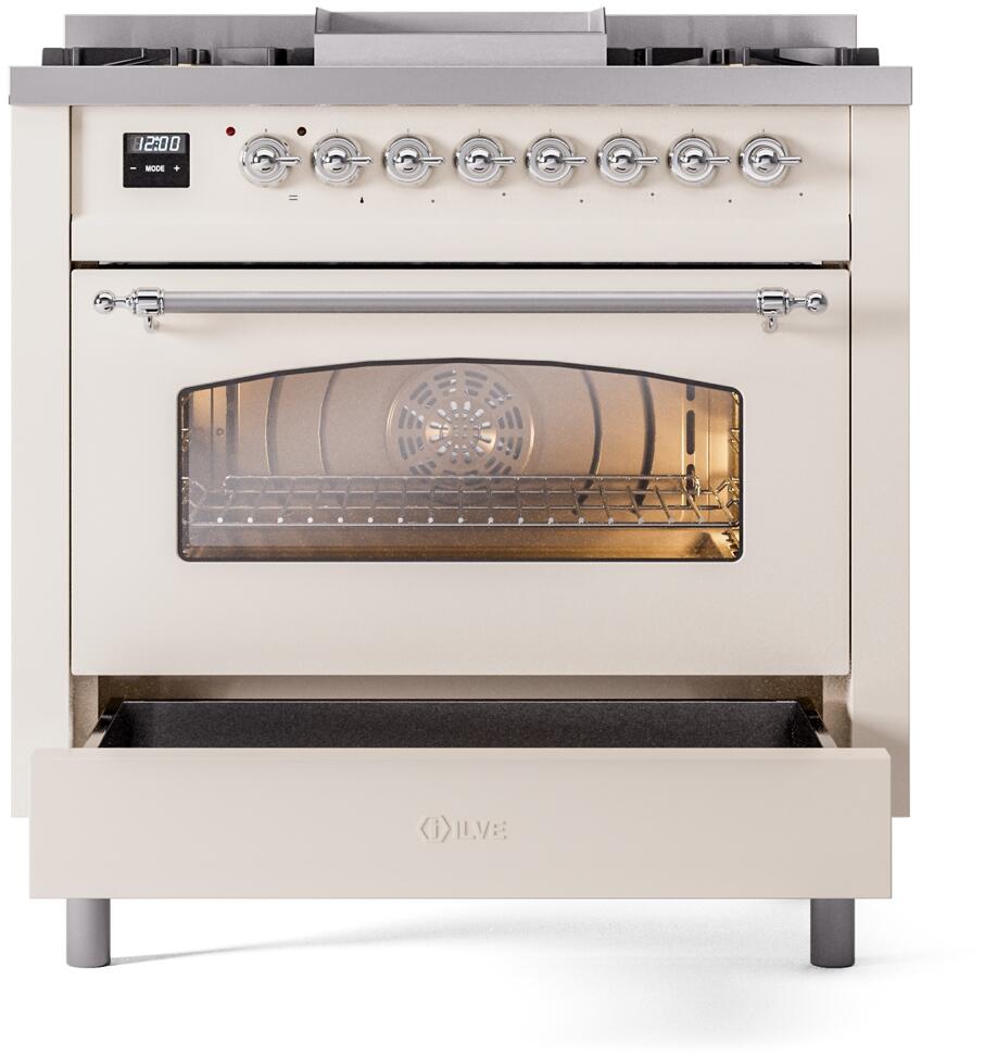 Ilve UP36FNMPAWC Nostalgie Ii 36 Inch Dual Fuel Natural Gas Freestanding Range In Antique White With Chrome Trim