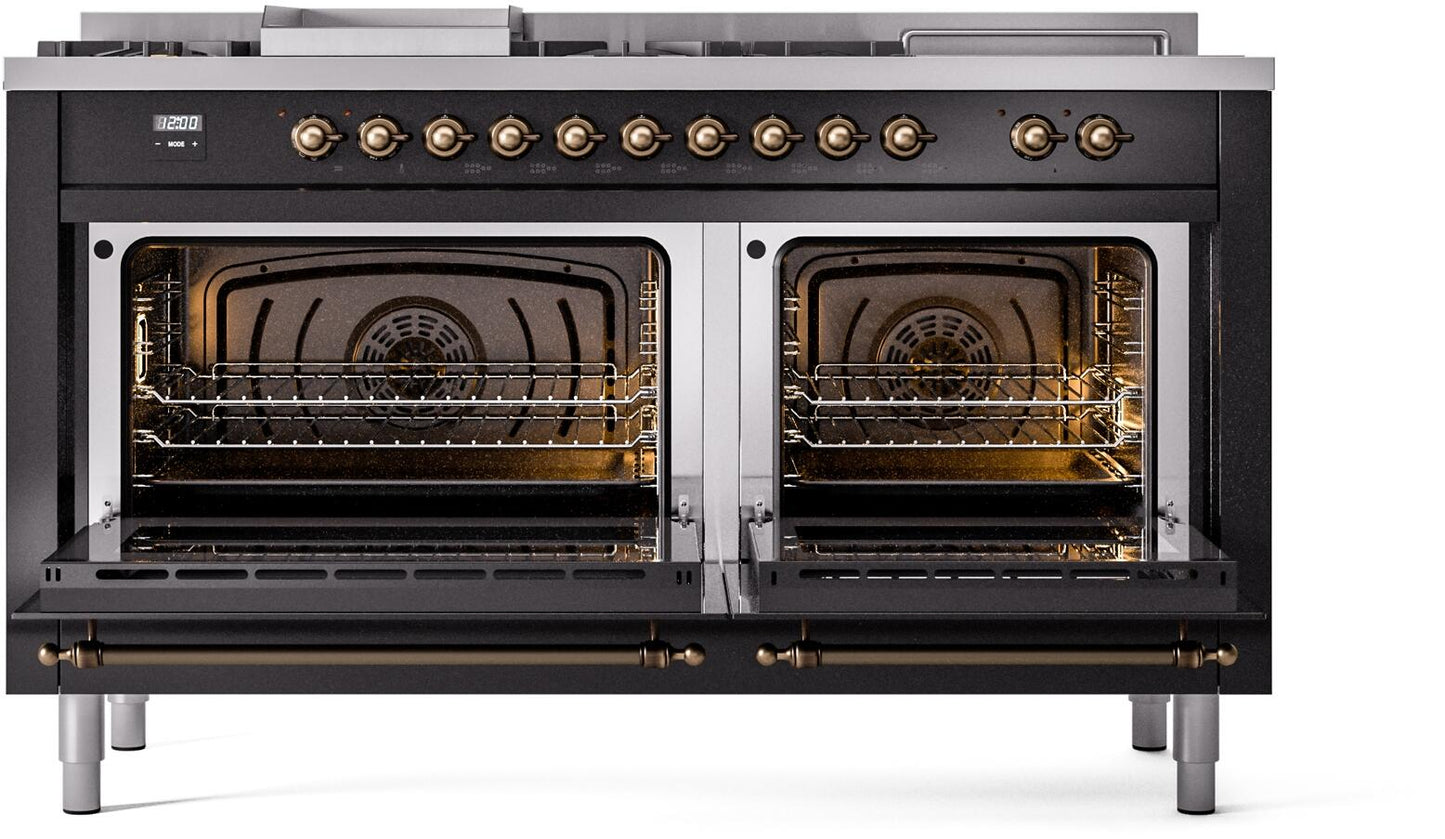 Ilve UP60FSNMPBKB Nostalgie Ii 60 Inch Dual Fuel Natural Gas Freestanding Range In Glossy Black With Bronze Trim