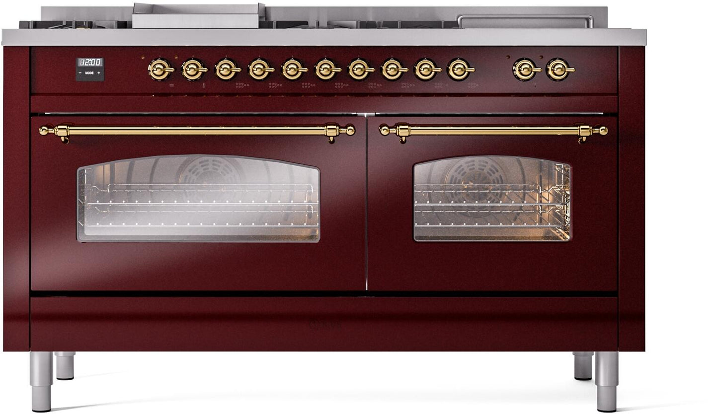 Ilve UP60FSNMPBUG Nostalgie Ii 60 Inch Dual Fuel Natural Gas Freestanding Range In Burgundy With Brass Trim