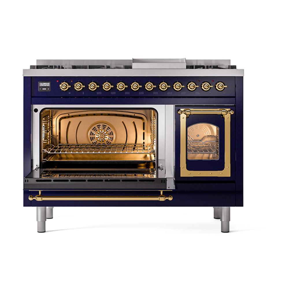 Ilve UN48FNMPMBG Ilve Un48Fnmpmbg Nostalgie Ii Noblesse 48" Dual Fuel Range (8 Sealed Burners + Griddle, Natural Gas, Triple Glass Door, Midnight Blue, Brass)