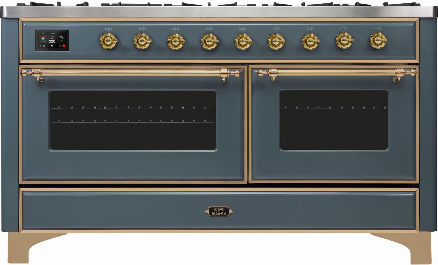 Ilve UM15FDNS3BGG Majestic Ii 60 Inch Dual Fuel Natural Gas Freestanding Range In Blue Grey With Brass Trim