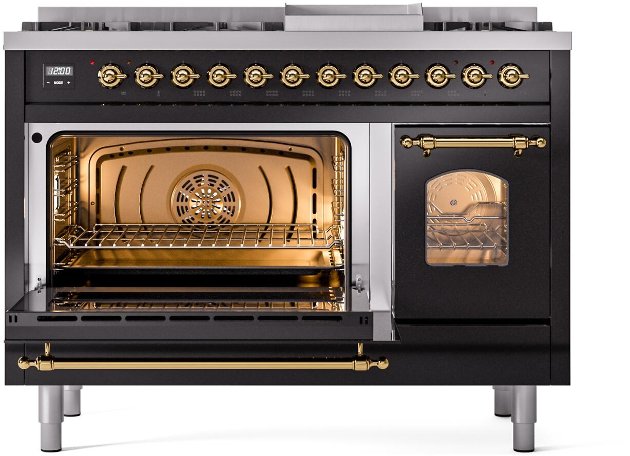 Ilve UP48FNMPBKGLP Nostalgie Ii 48 Inch Dual Fuel Liquid Propane Freestanding Range In Glossy Black With Brass Trim