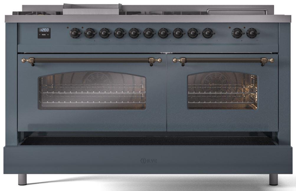 Ilve UP60FSNMPBGB Nostalgie Ii 60 Inch Dual Fuel Natural Gas Freestanding Range In Blue Grey With Bronze Trim