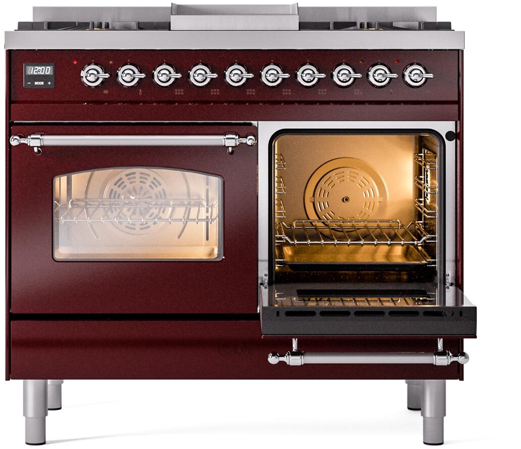 Ilve UPD40FNMPBUCLP Nostalgie Ii 40 Inch Dual Fuel Liquid Propane Freestanding Range In Burgundy With Chrome Trim