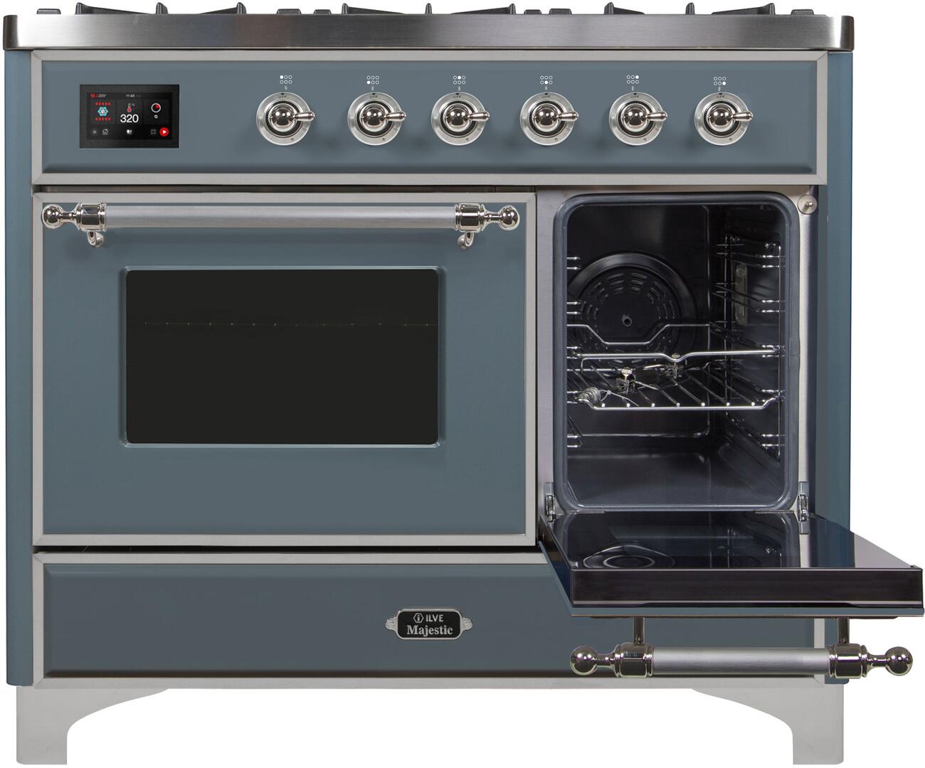 Ilve UMD10FDNS3BGC Majestic Ii 40 Inch Dual Fuel Natural Gas Freestanding Range In Blue Grey With Chrome Trim