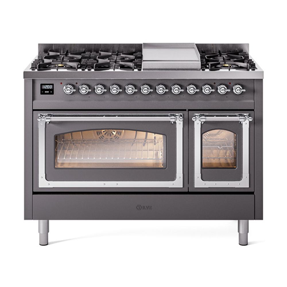 Ilve UN48FNMPMGCLP Ilve Un48Fnmpmgclp Nostalgie Ii Noblesse 48" Dual Fuel Range (8 Sealed Burners + Griddle, Liquid Propane, Triple Glass Door, Graphite Matte, Chrome)