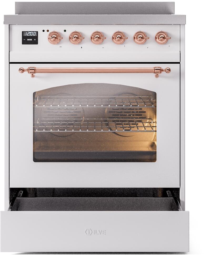 Ilve UPI304NMPWHP Nostalgie Ii 30 Inch Electric Freestanding Range In White With Copper Trim