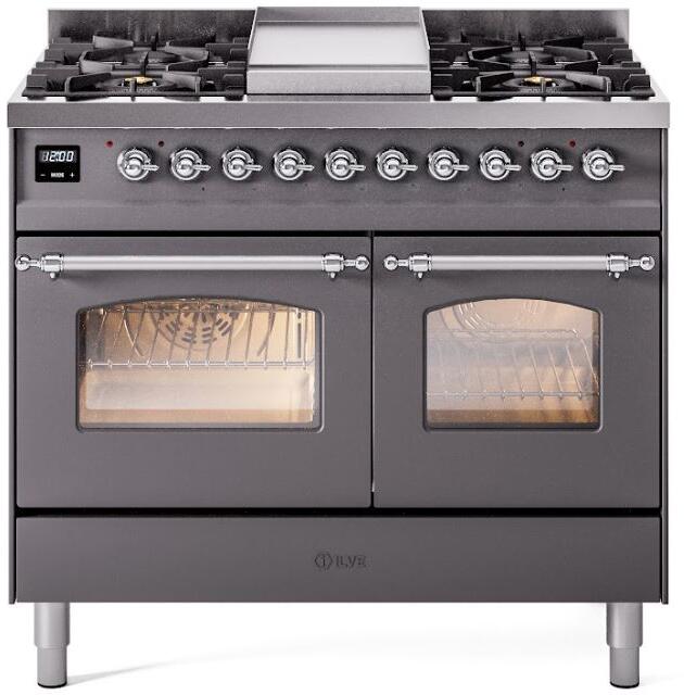 Ilve UPD40FNMPMGC Nostalgie Ii 40 Inch Dual Fuel Natural Gas Freestanding Range In Matte Graphite With Chrome Trim