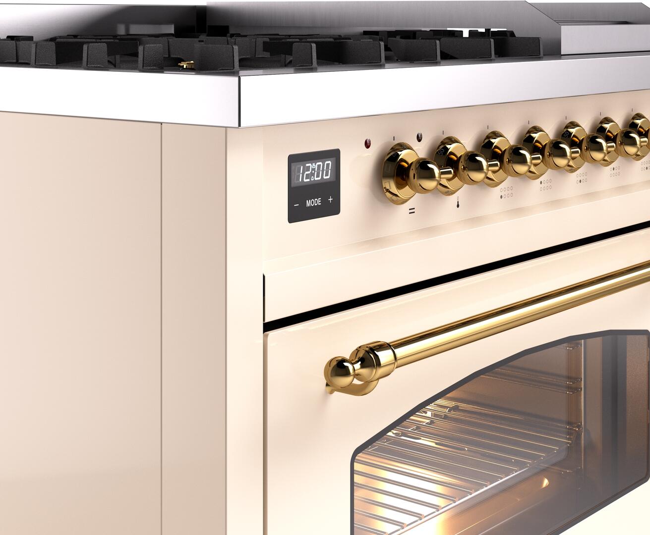 Ilve UP48FNMPAWGLP Nostalgie Ii 48 Inch Dual Fuel Liquid Propane Freestanding Range In Antique White With Brass Trim