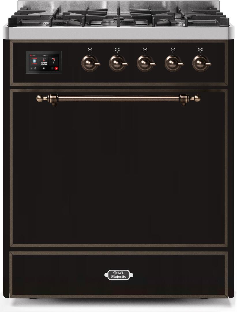 Ilve UM30DQNE3BKB Majestic Ii 30 Inch Dual Fuel Natural Gas Freestanding Range In Glossy Black With Bronze Trim