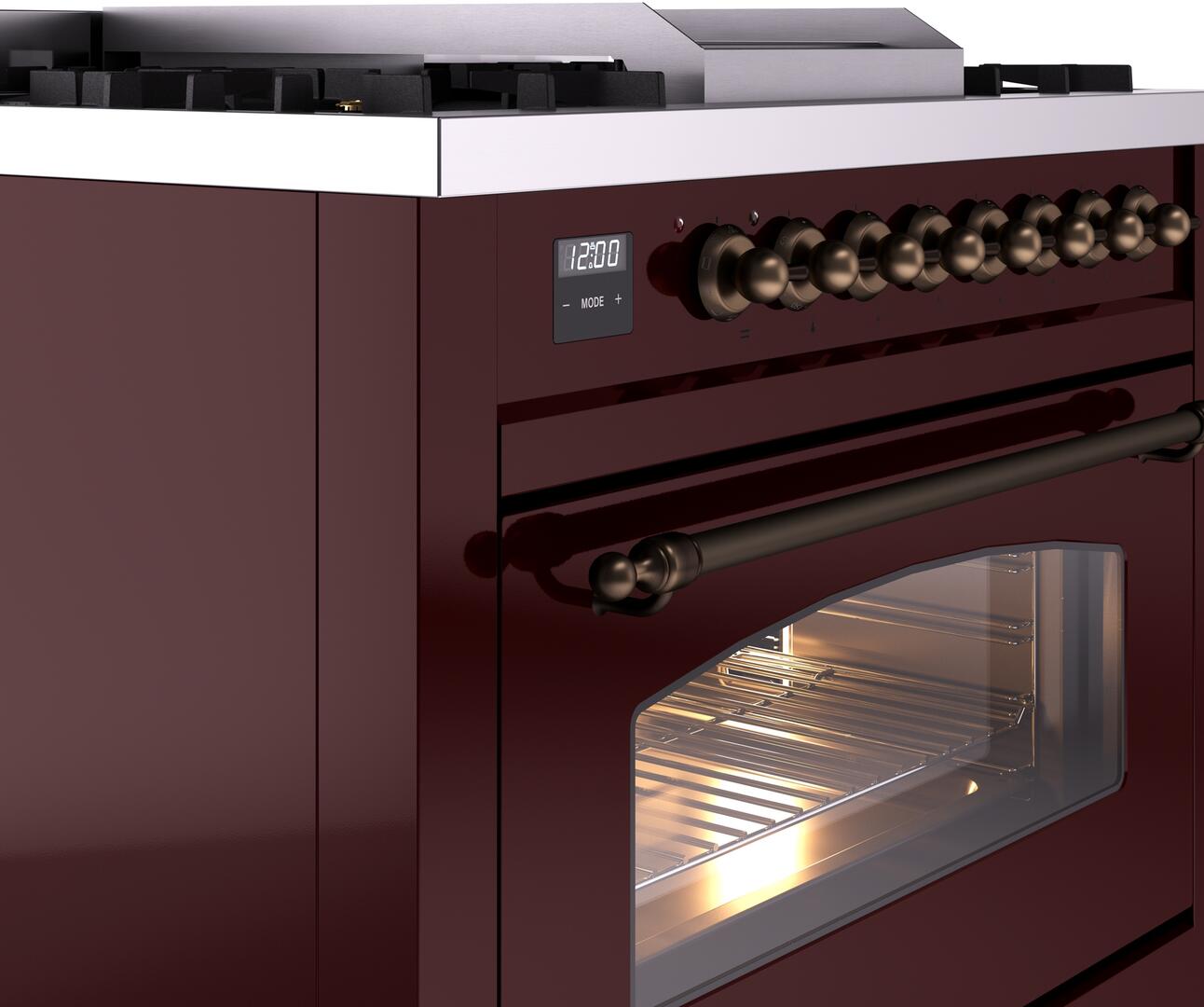 Ilve UP36FNMPBUB Nostalgie Ii 36 Inch Dual Fuel Natural Gas Freestanding Range In Burgundy With Bronze Trim