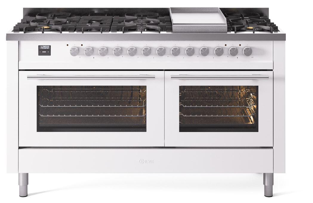 Ilve UP60FWMPWH Professional Plus Ii 60 Inch Dual Fuel Natural Gas Freestanding Range In White With Trim