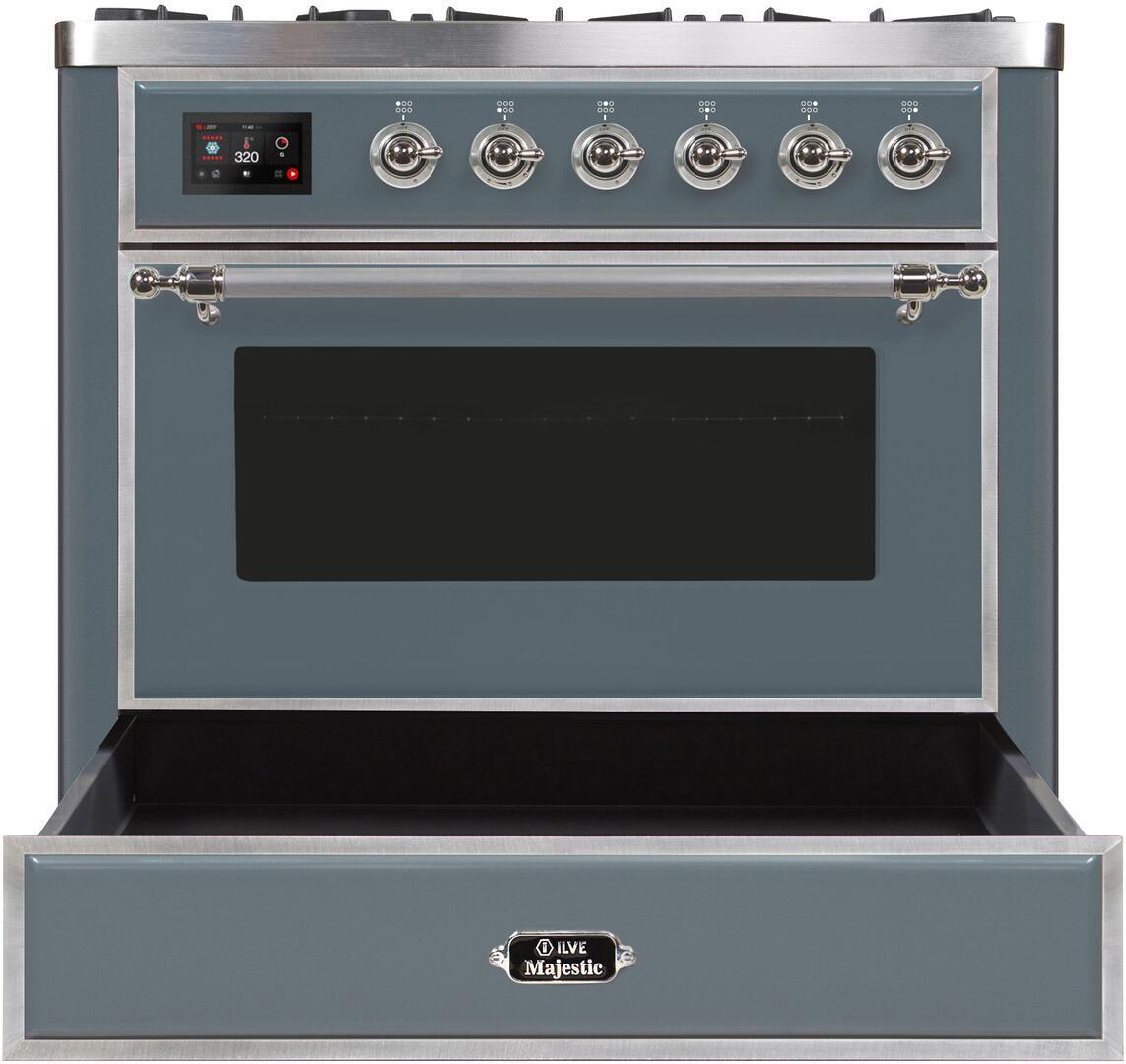 Ilve UM09FDNS3BGCLP Majestic Ii 36 Inch Dual Fuel Liquid Propane Freestanding Range In Blue Grey With Chrome Trim