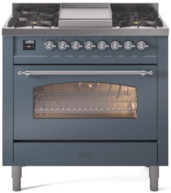 Ilve UP36FNMPBGC Nostalgie Ii 36 Inch Dual Fuel Natural Gas Freestanding Range In Blue Grey With Chrome Trim