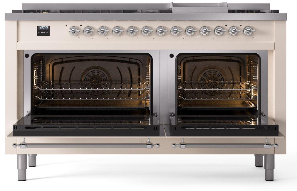 Ilve UP60FNMPAWC Nostalgie Ii 60 Inch Dual Fuel Natural Gas Freestanding Range In Antique White With Chrome Trim